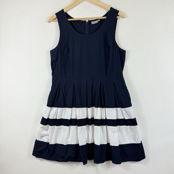 eShakti Women's XL 16 Blue White Stripe Sleeveless Nautical Fit Flare Dress - Picture 1 of 7